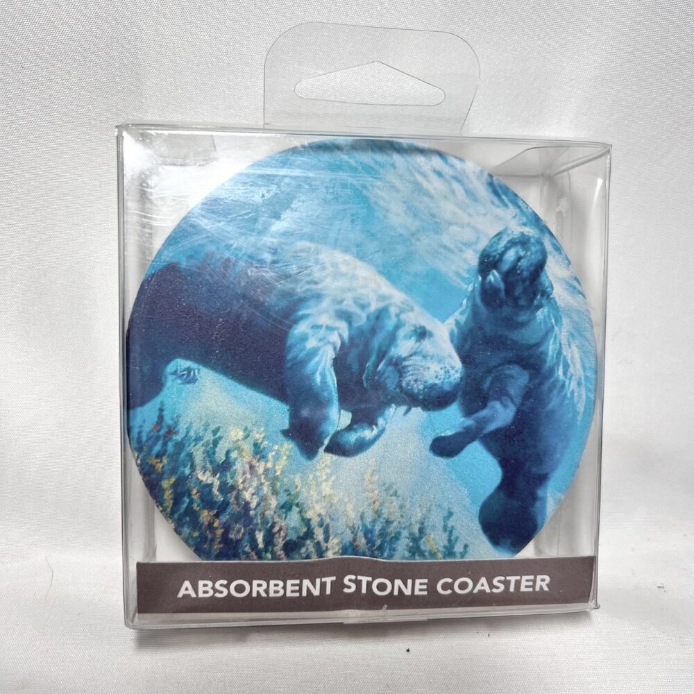 Highland Home-NWT-Manatee Absorbent Stone Coaster-Set of 4-4" Round-Blue/White
